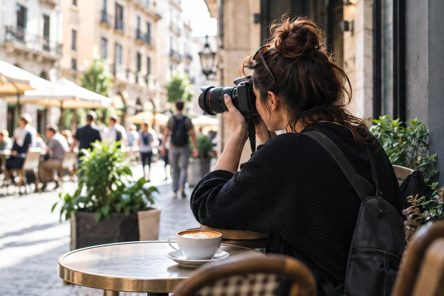 Seorang fotografer bekerja di luar kafe lokal